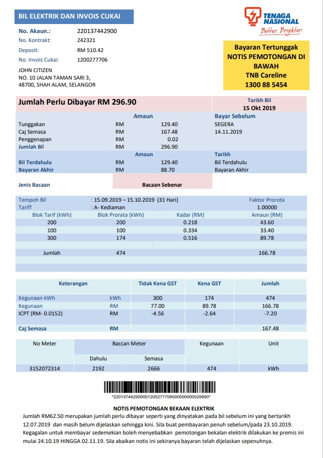 Malaysia Tenaga Nasional electricity utility bill template in Word and PDF format